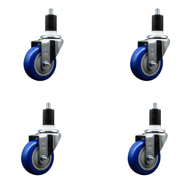 3.5'' Blue Poly Wheel Swivel 1-1/2'' Expanding Stem Caster Set, 4PK
